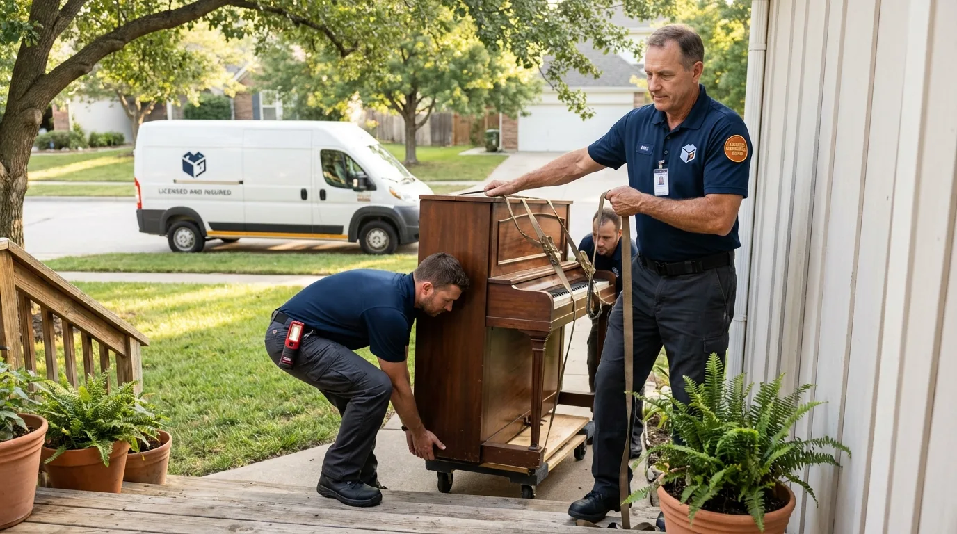 Licensed piano movers securing grand piano in Williamsburg, OH