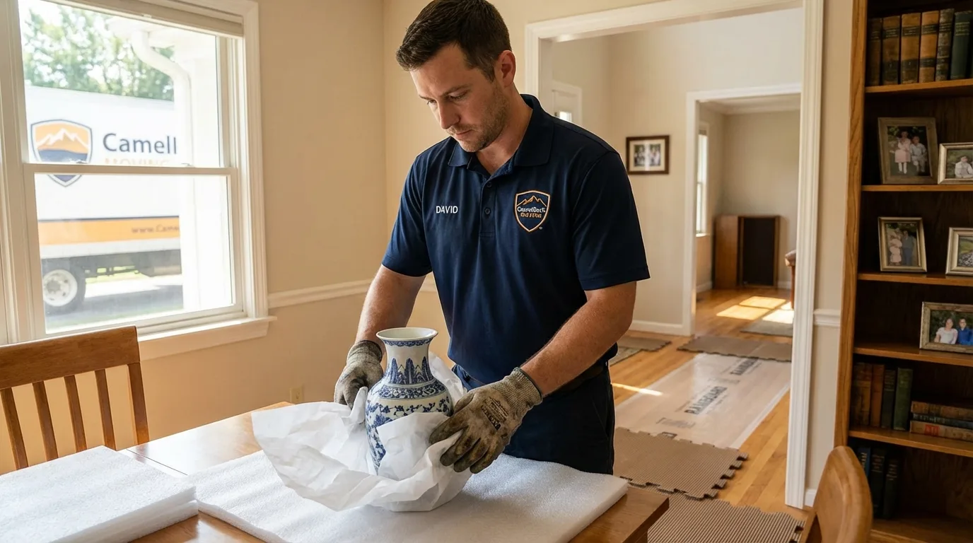 Professional crew carefully wrapping antique vase for senior downsizing move in Williamsburg, OH